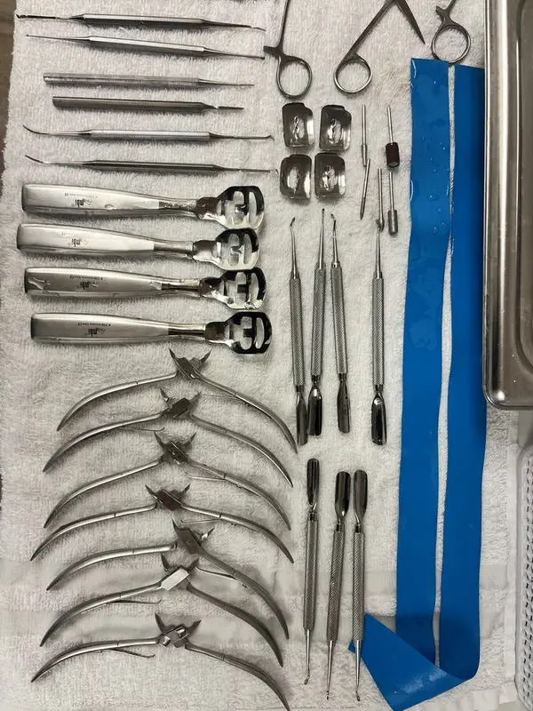 Sterile chiropody instruments prepared for treatment at Footcare on Bay in Toronto